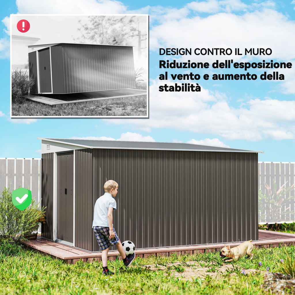 Garden Shed with Sliding Door, Steel, 345x280.5x169-201cm, Grey