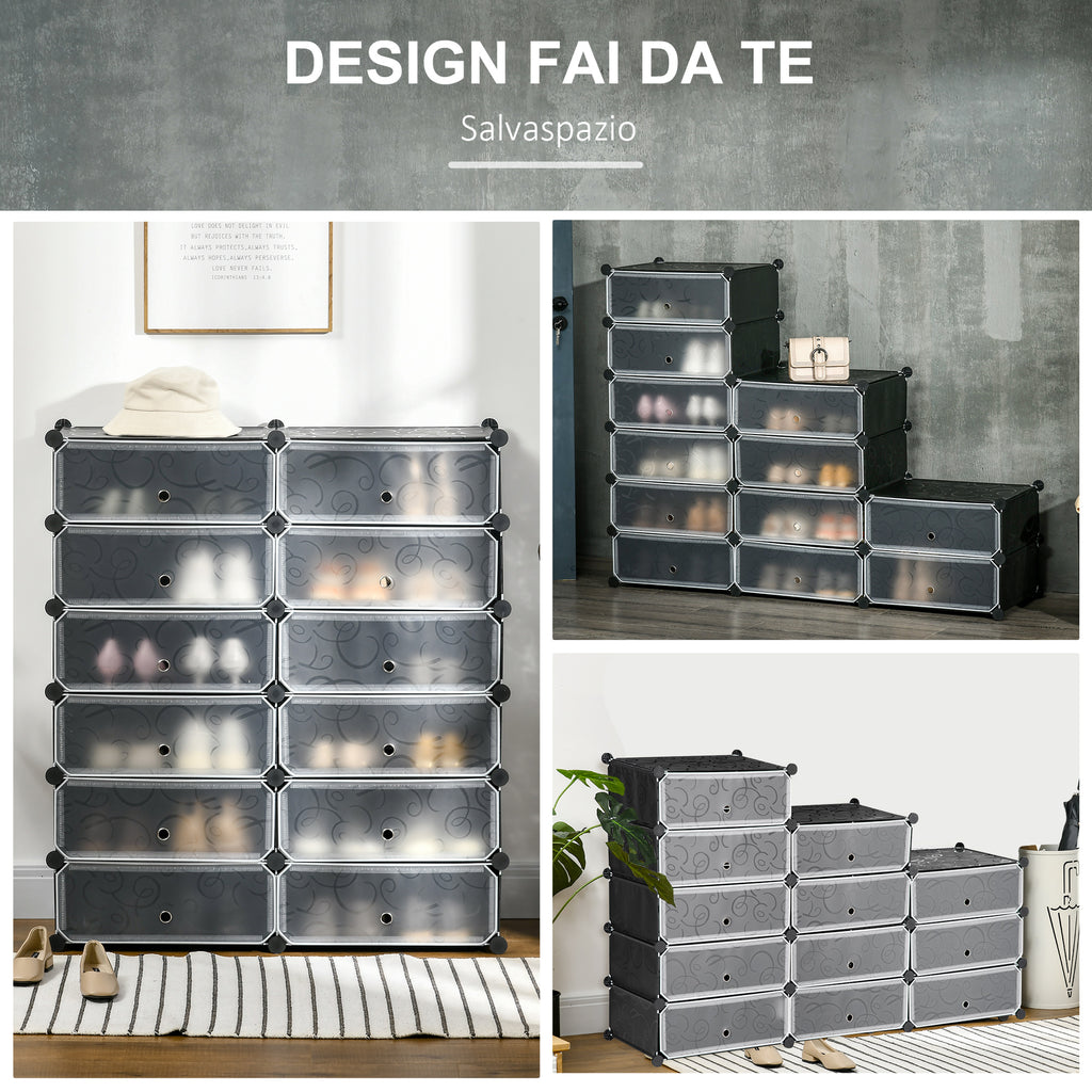 Space-Saving Modular Shoe Rack, 12 Cubes 45x35x16 cm in Steel and PP, Black and White