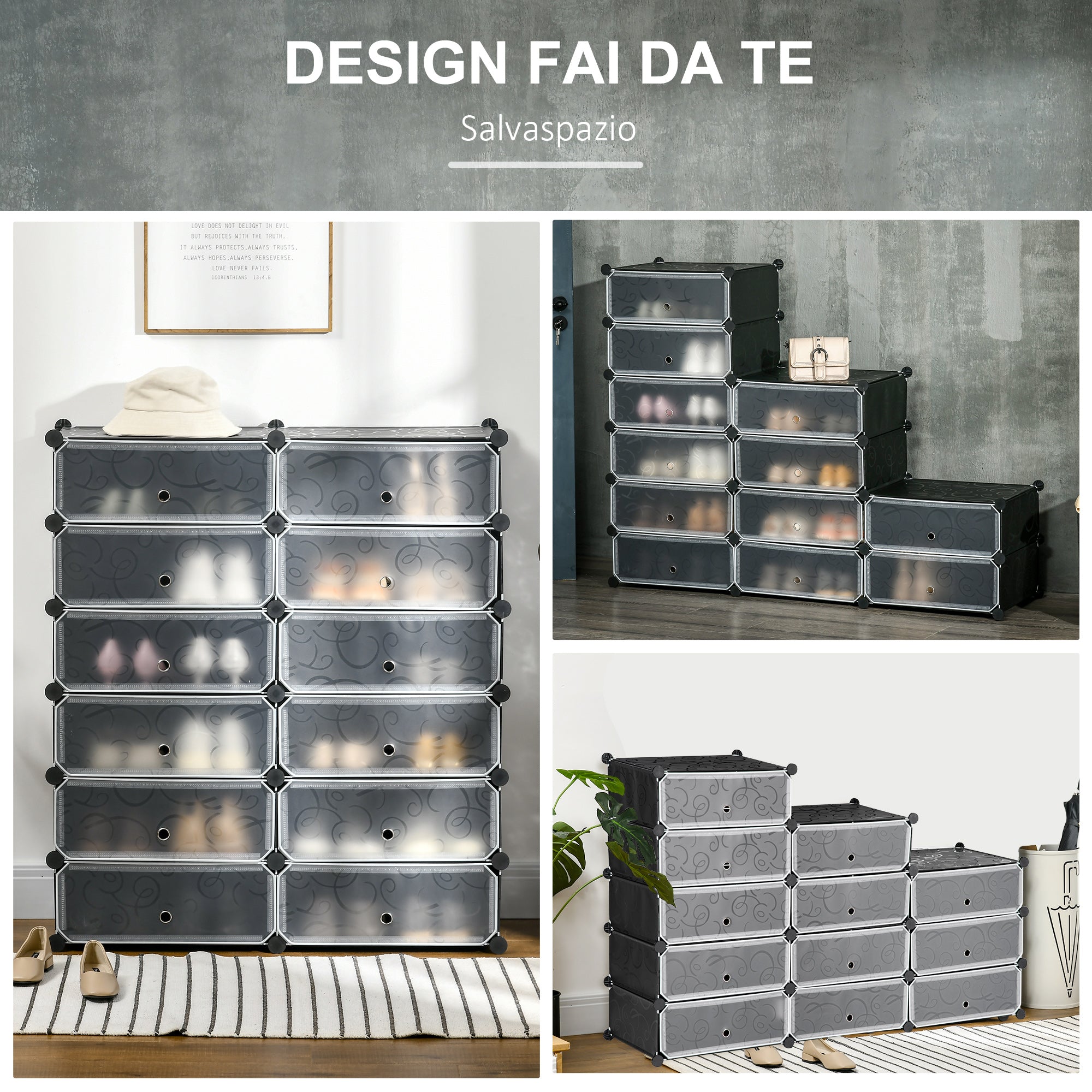 Space-Saving Modular Shoe Rack, 12 Cubes 45x35x16 cm in Steel and PP, Black and White