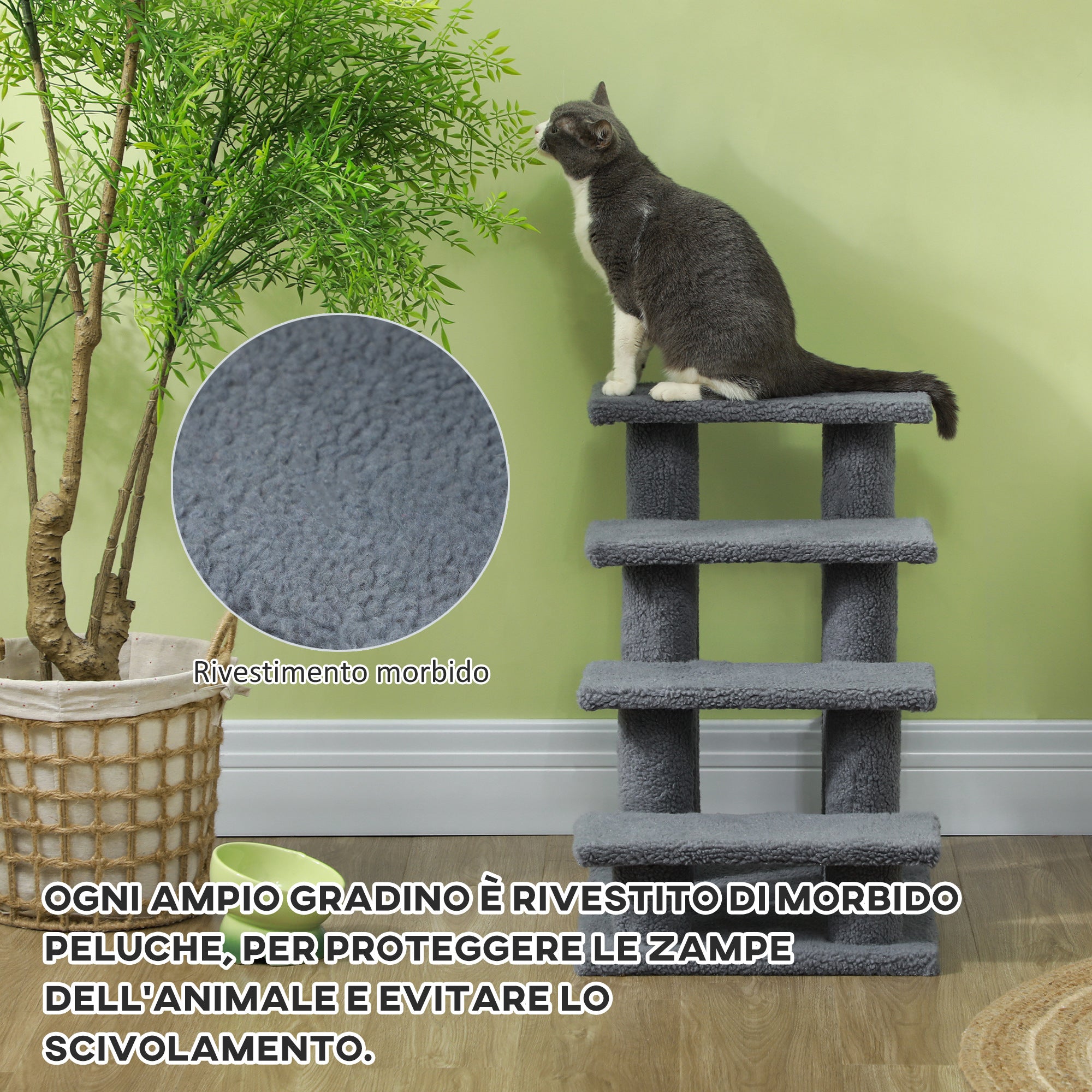 4-Step Ladder for Dogs and Cats with Plush Cover, 61x41x60 cm, Gray