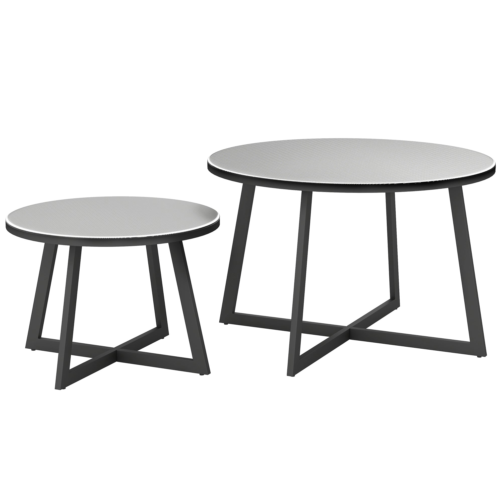 Set of 2 Outdoor Coffee Tables with Tempered Glass Top, Ø70x45 cm and Ø50x35 cm, Gray