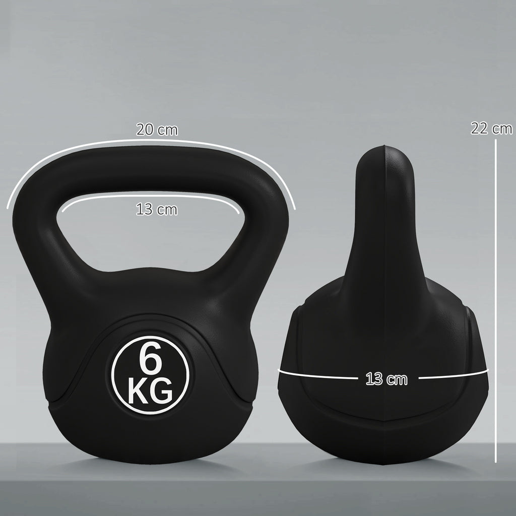 Kettlebell 6kg in Plastic and Sand with Flat Base and Handle, 20x13x22 cm, Black