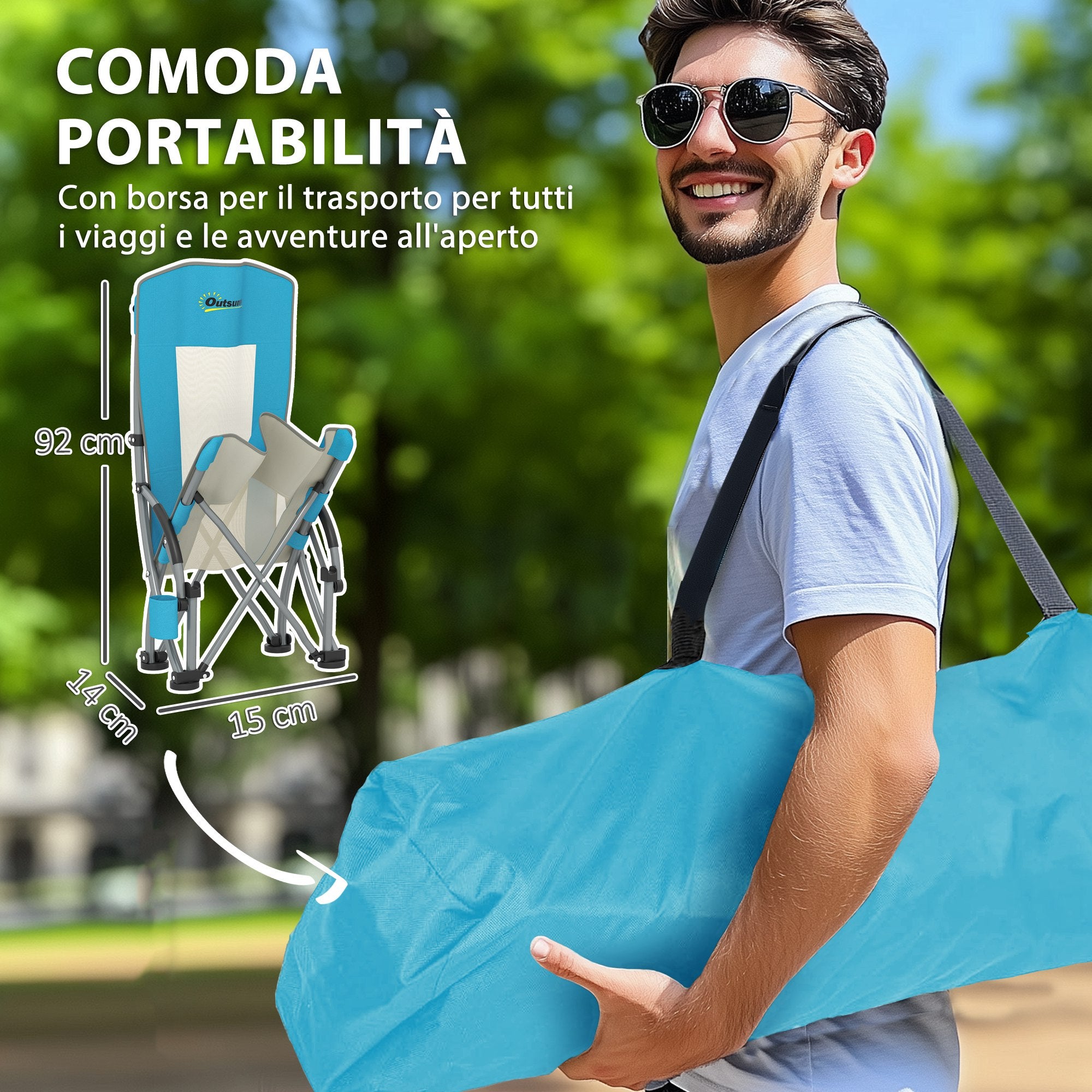 Set of 2 Folding Beach Chairs with Armrests, Cup Holder and Carrying Bag, Blue