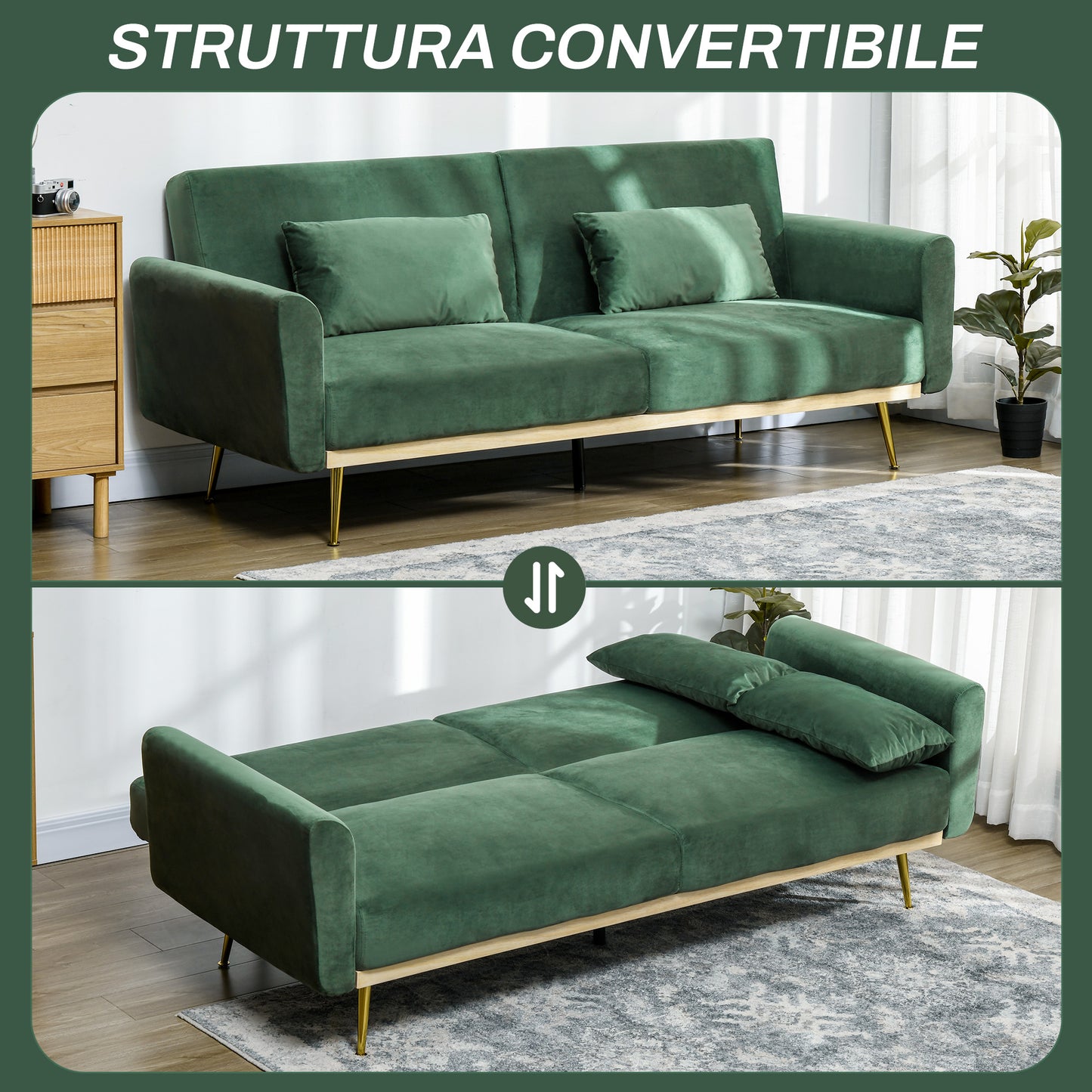 LASKA - 3 Seater Sofa Bed with Click Clack Design and 2 Cushions, in Velvet Effect Fabric, 206x81x83 cm, Green