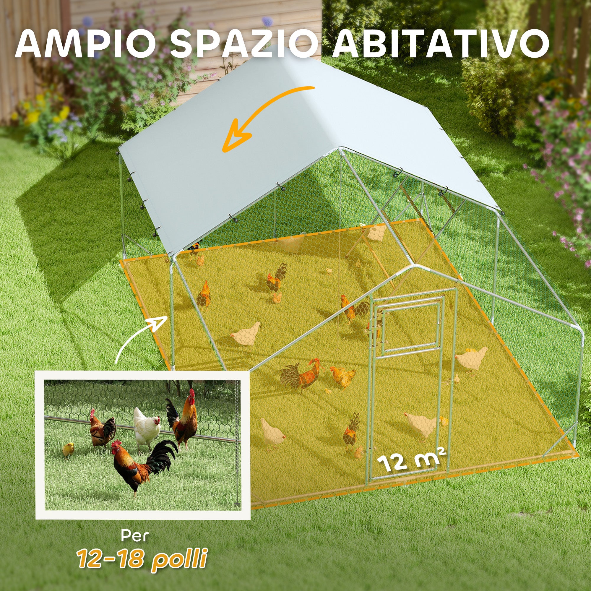 12m² Chicken Run for 12-18 Animals with Waterproof Roof, Feeder and Perch, 3x4x1.9m, Silver