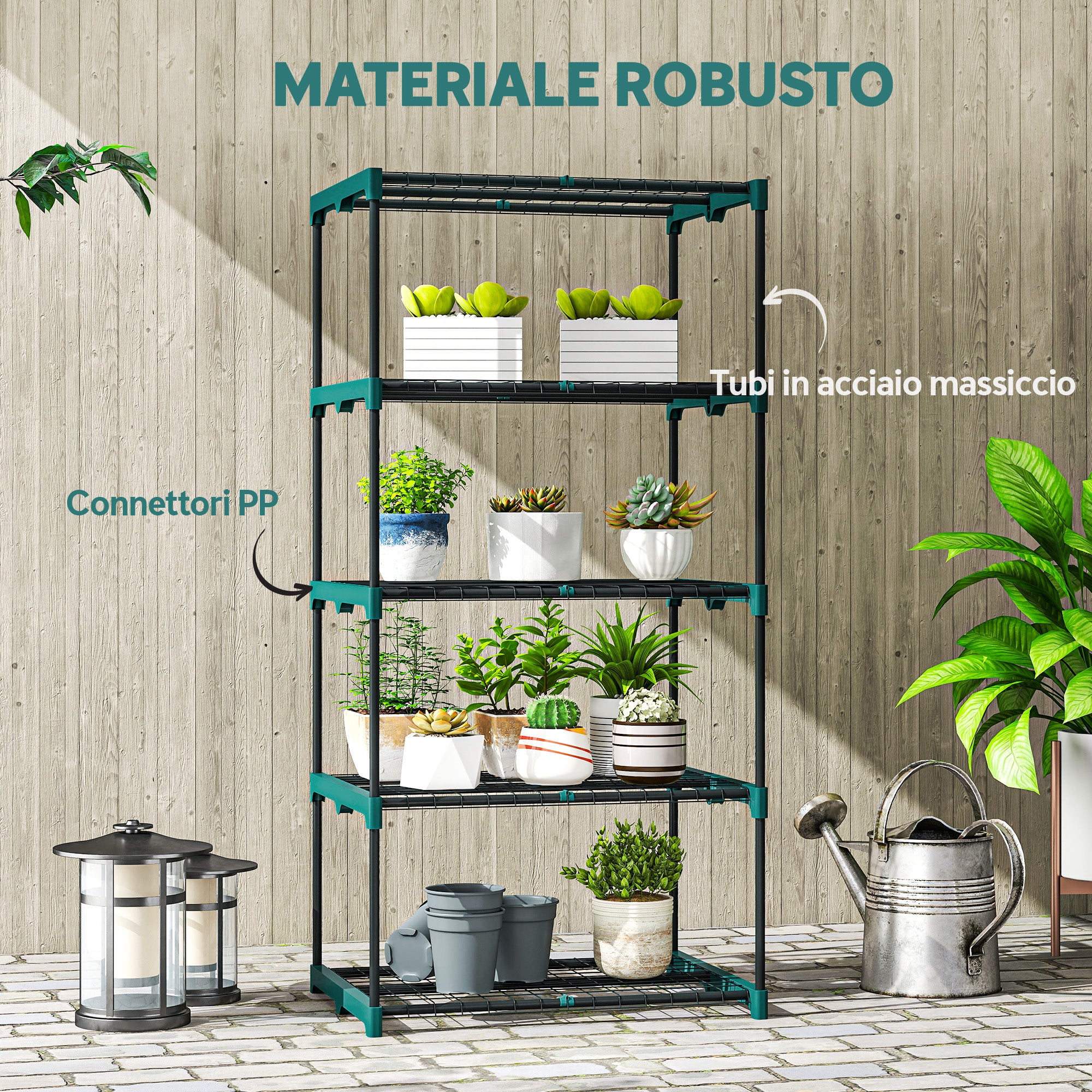 Outsunny 5-Tier Open Plant Stand in Steel and Plastic, 67x49x138 cm, Dark Green