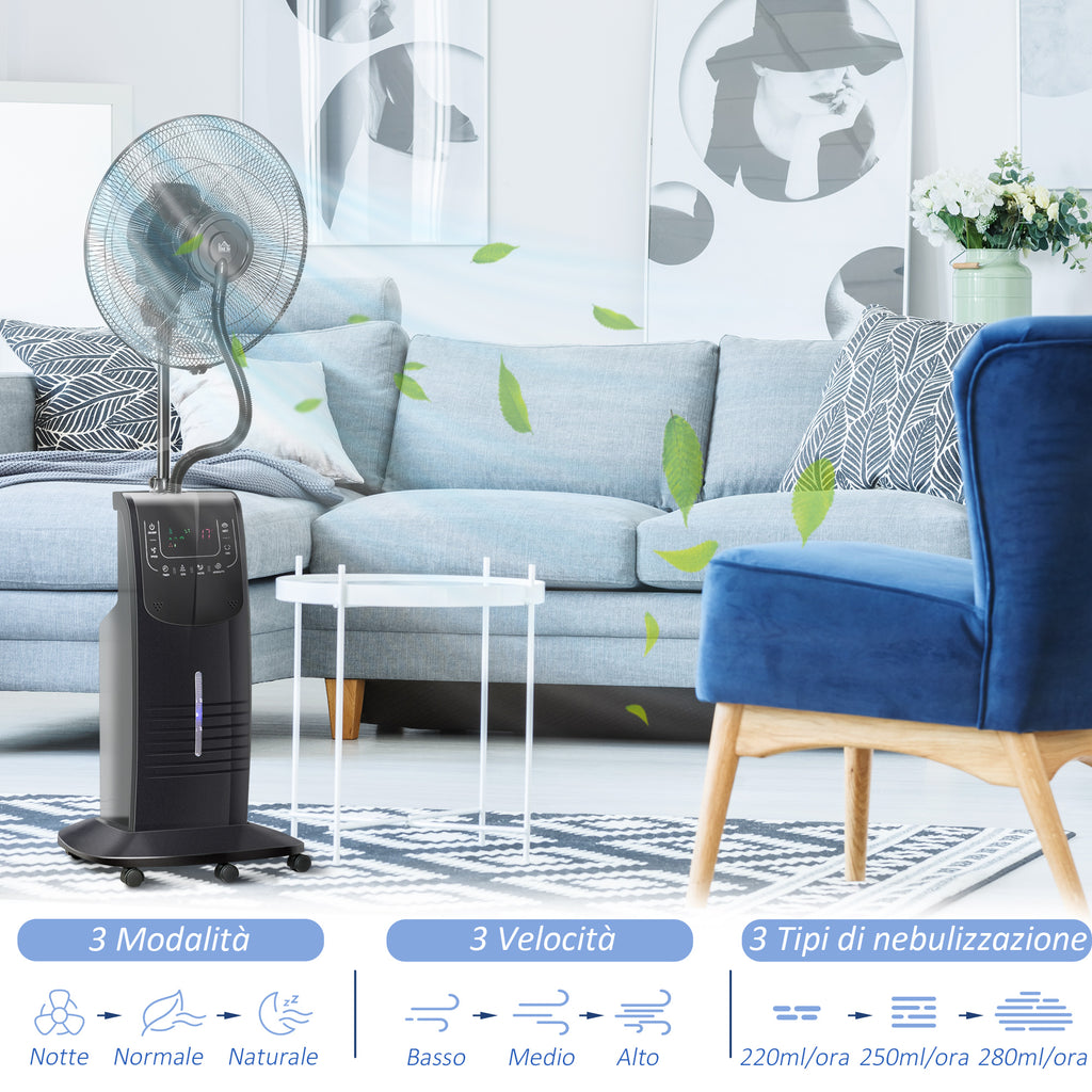 Misting Fan with 5m Remote Control, 12h Timer and 70° Oscillation, 3 Speeds, 3 Functions and Mosquito Repellent, 3.1L Tank, 90W, Ф44.5x135cm Black