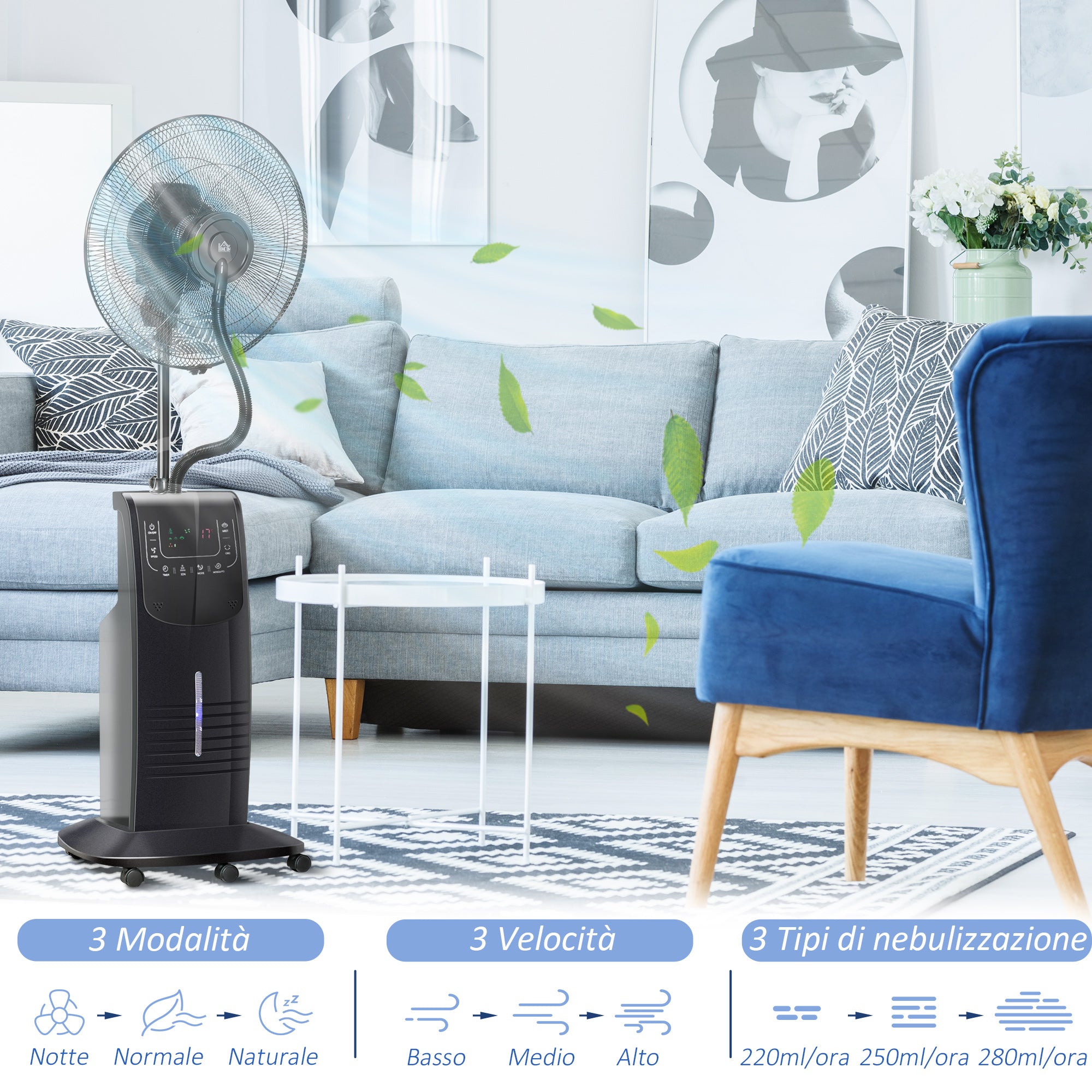 Misting Fan with 5m Remote Control, 12h Timer and 70° Oscillation, 3 Speeds, 3 Functions and Mosquito Repellent, 3.1L Tank, 90W, Ф44.5x135cm Black