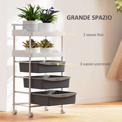 Storage Trolley with 2 Fixed Trays and 3 Sliding Trays, Steel and PP, 40x34x85 cm, White and Grey