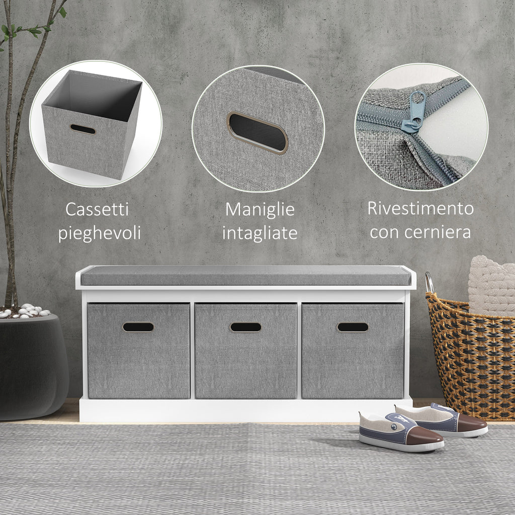 Wooden Shoe Bench with 3 Drawers and Fabric Seat for 3 Pairs of Shoes, 105x35x47 cm, White