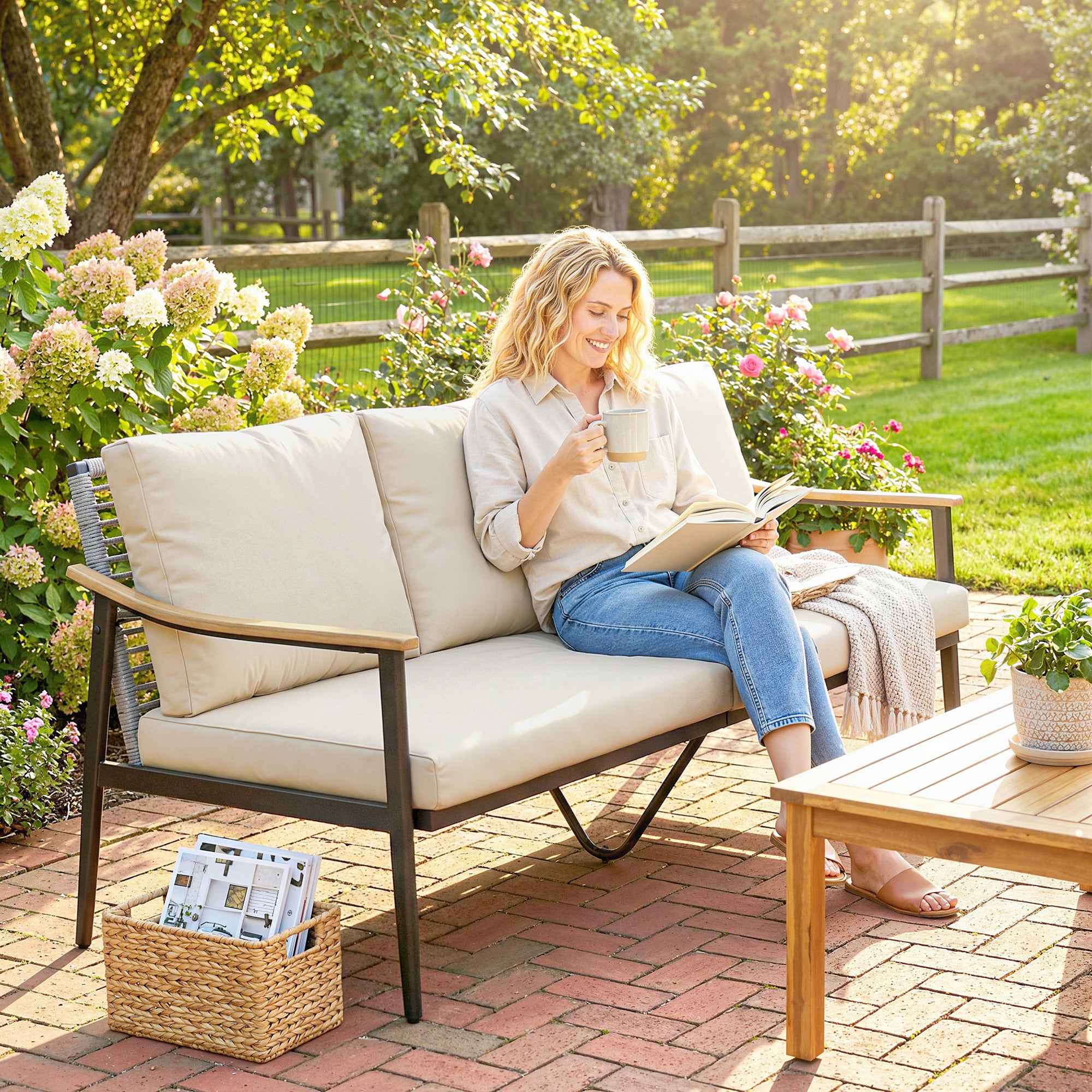 Outsunny 3-Seater Rattan Outdoor Sofa with Wood-Effect Armrests and Backrest, for Porch, Patio, Khaki