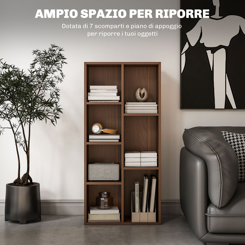 Wooden Cube Bookcase with 7 Shelves of Different Sizes, 50x24x106 cm, Walnut Color