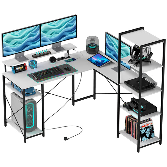 Corner Desk with Electrical & USB Outlet, Shelf & Monitor Stand, Black & White