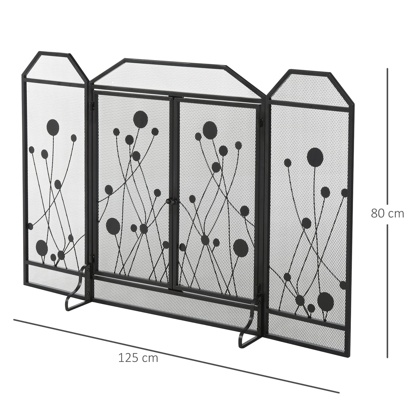 Foldable Spark Screen for Fireplace in Steel and Black Metal with 2 Magnetic Closing Doors, 125x80cm