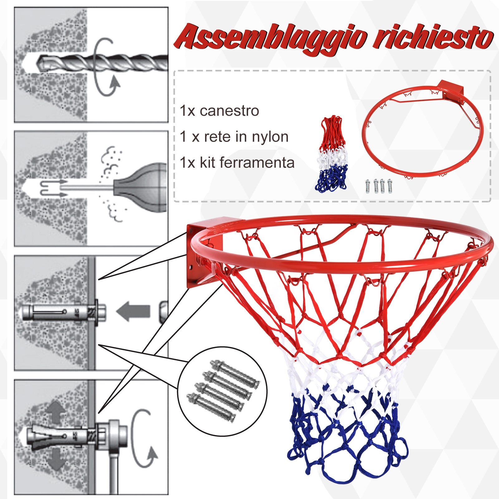 Wall-Mounted Iron Basketball Hoop with Nylon Net for Indoor and Outdoor Use, Φ46cm