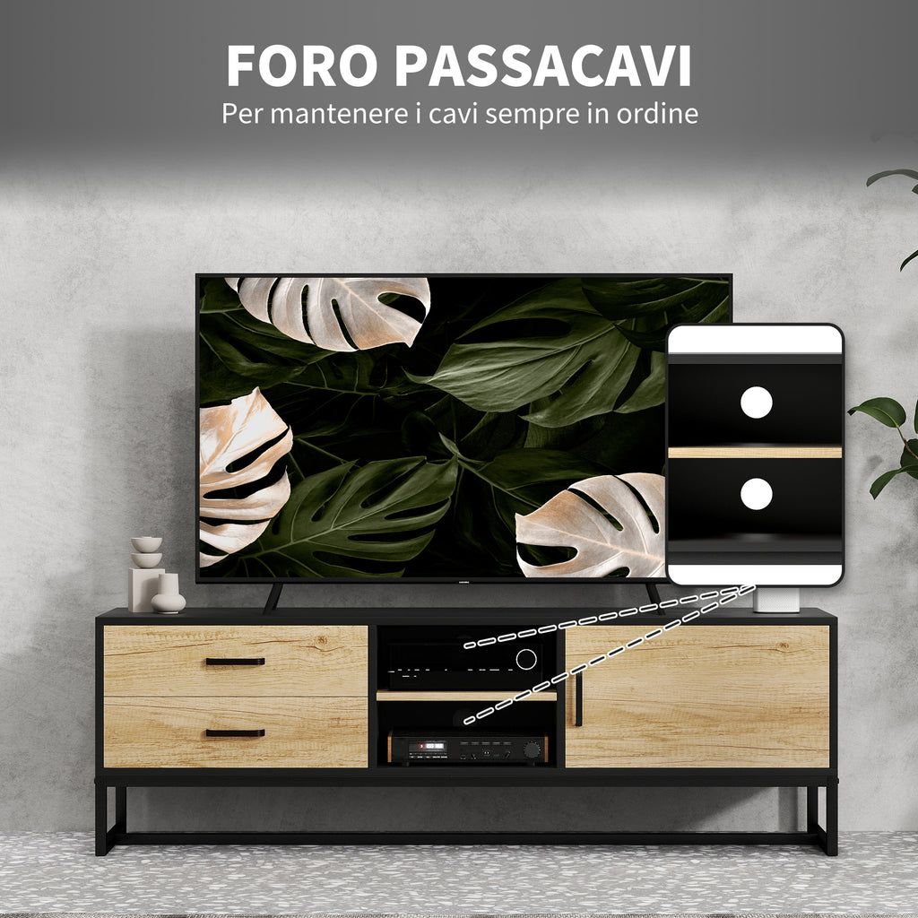 TV Cabinet 60" with Cabinet, 2 Drawers and Open Shelves, 140x35x45 cm, Natural Wood