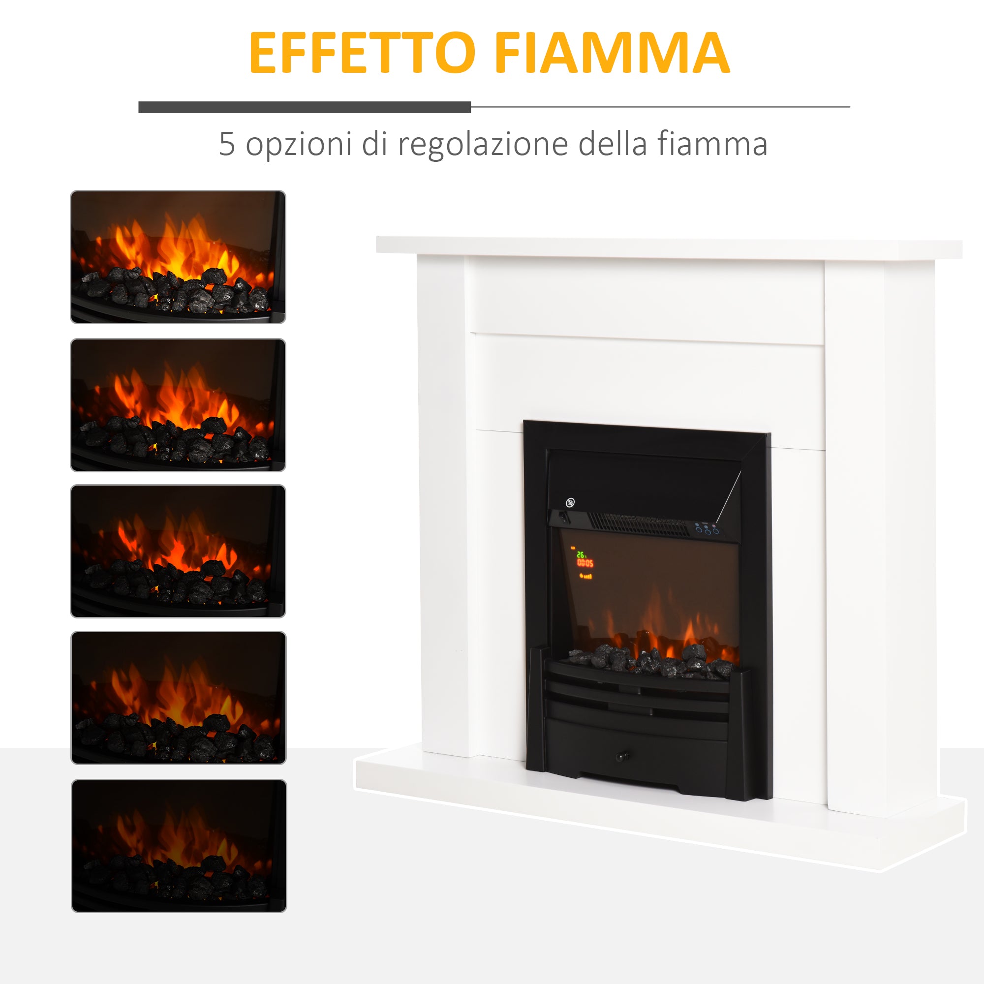 1000W and 2000W Electric Fireplace, 5-Level LED Flame Effect, Remote Control, White Tempered Glass, 102x30x95cm