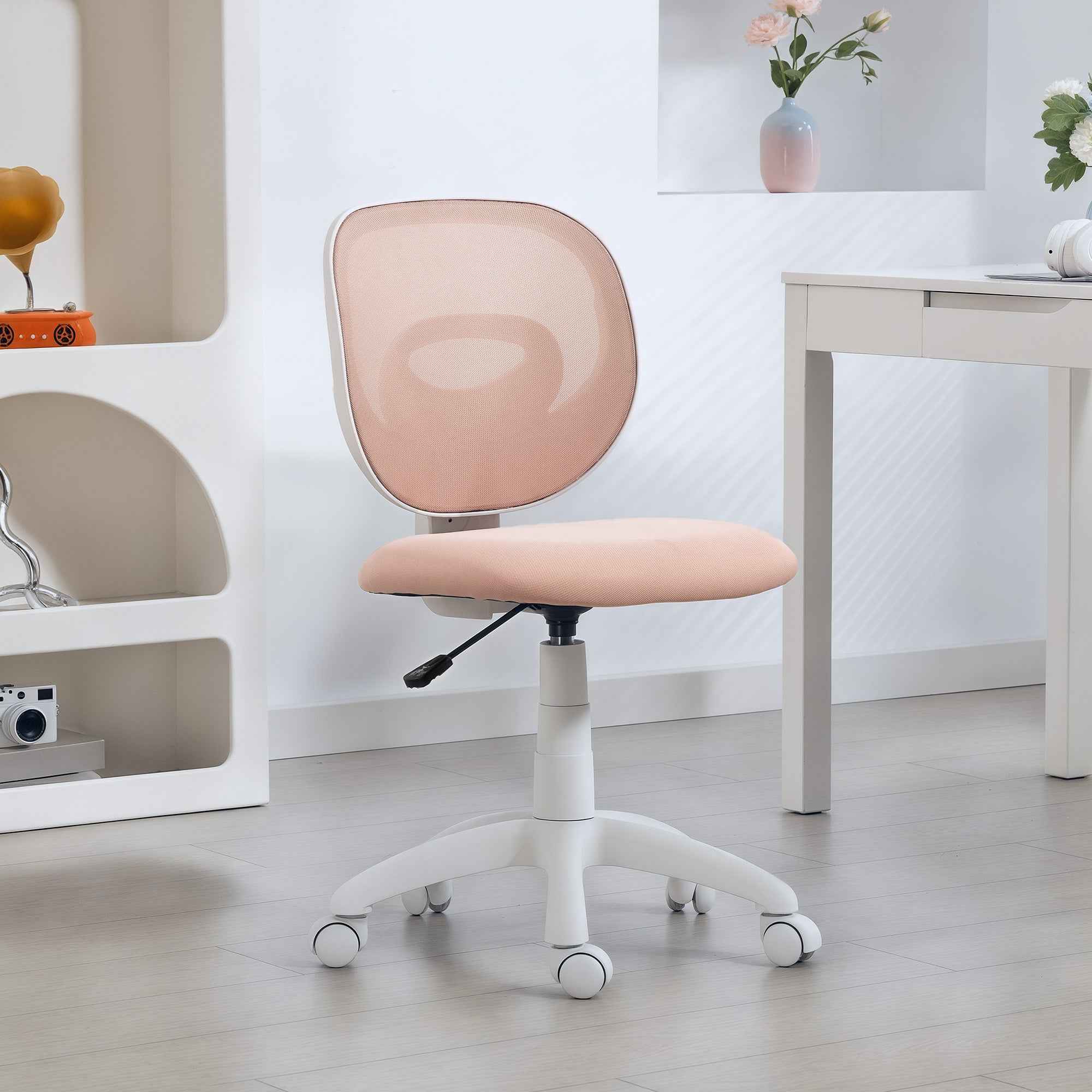 HOMCOM Ergonomic Swivel Office Chair with Breathable Mesh Fabric, Armless, Height-Adjustable, Pink