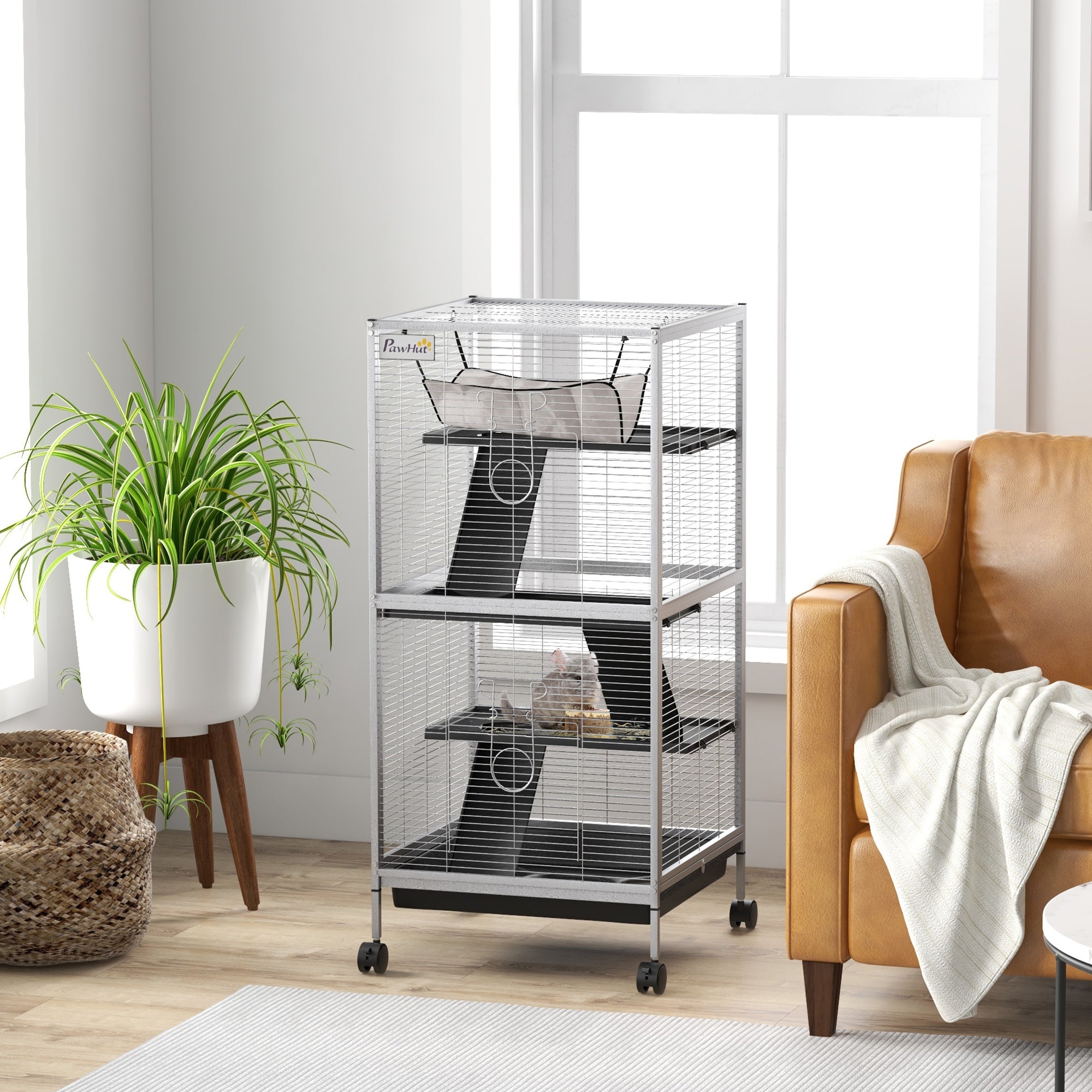 Steel Guinea Pig and Chinchilla Cage with 3 Levels, Wheels and Removable Tray, Light Grey