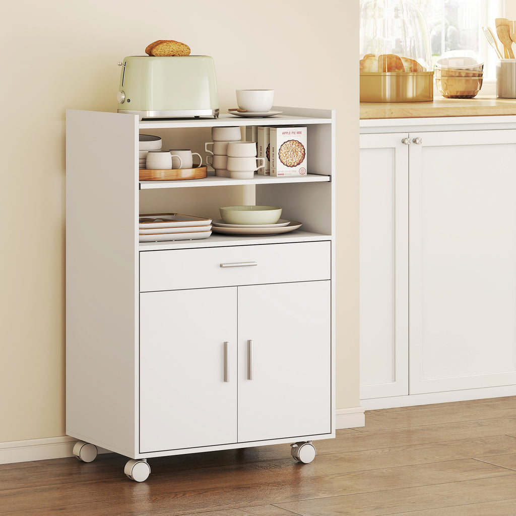 Wooden Microwave Cabinet with Drawer, 2-Door Cabinet and 2 Shelves, 59x40x92 cm, White