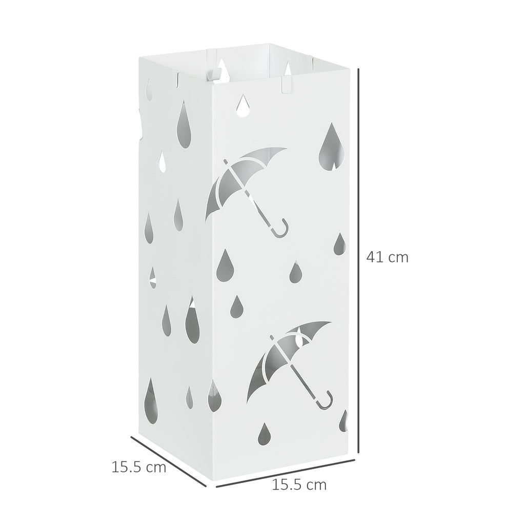 Metal Umbrella Stand with 4 Hooks and Drip Tray, 15.5x15. 5x41cm, White