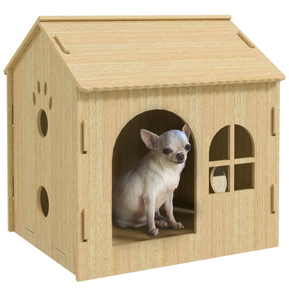 Indoor Dog House with Window and Front Entrance, Wooden, 49.5x41x51 cm, Oak color