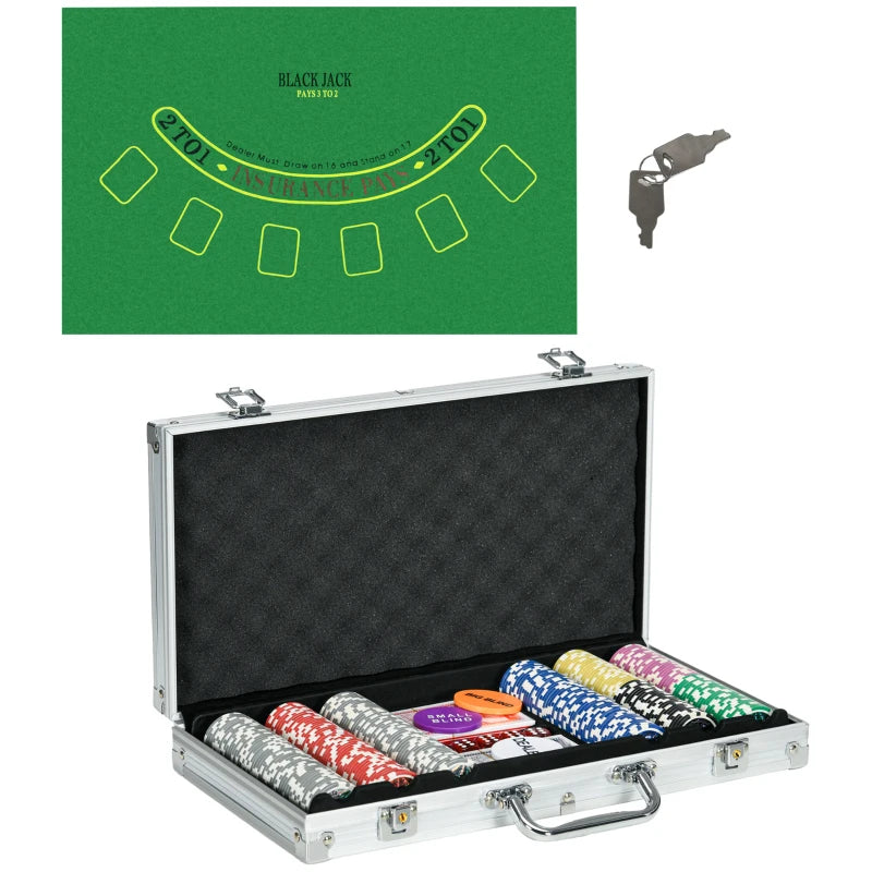 Poker Set for 7-8 Players with 300 Chips, 2 Decks of Cards and 5 Dice, in Aluminum and Polyester