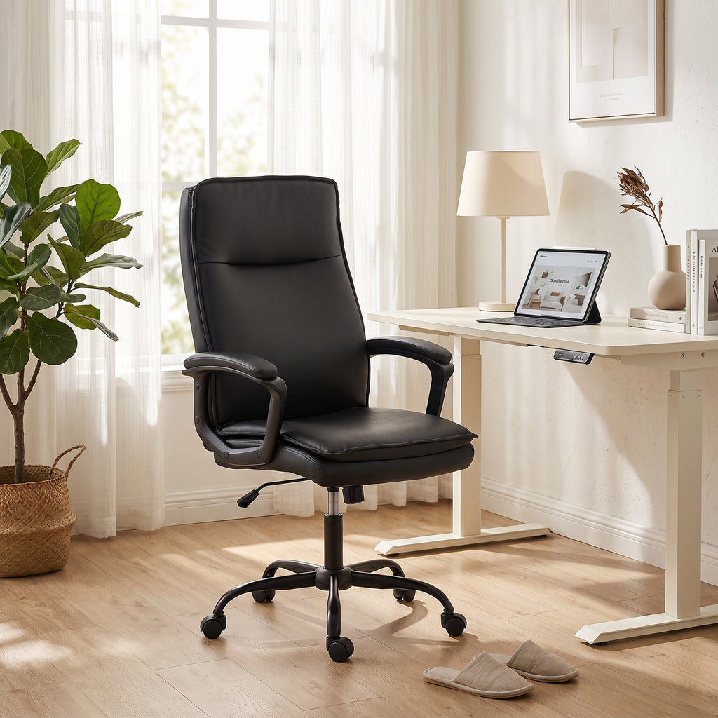 HOMCOM PU Leather Swivel Office Chair, Rocking Function, High Back, Adjustable Height, 120kg Capacity, Black