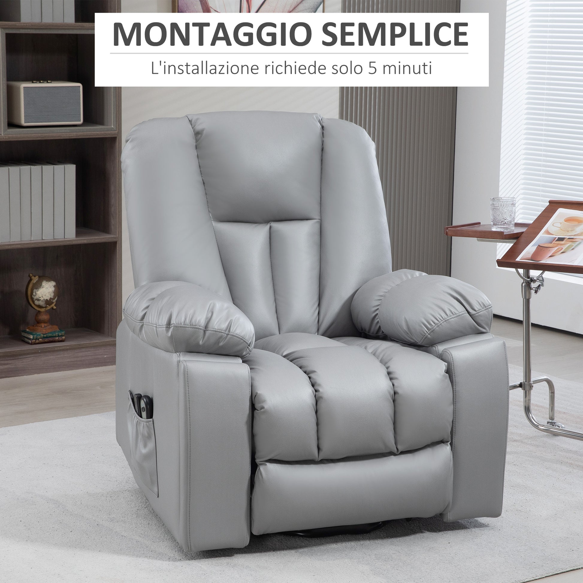 HOMCOM Reclining Lift Chair with 8 Massage Points and Remote Control, in Microfibre, 94x96x106 cm, Gray - Borgè