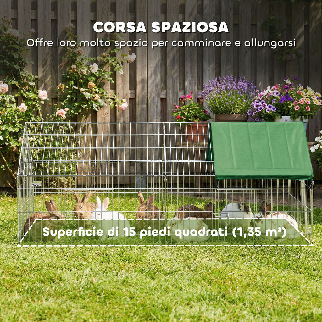 PawHut Outdoor and Indoor Rabbit and Chicken Cage with Sunshade and Metal Grille, for Small Animals, Ducks, Chickens, 180x75x75 cm, Green