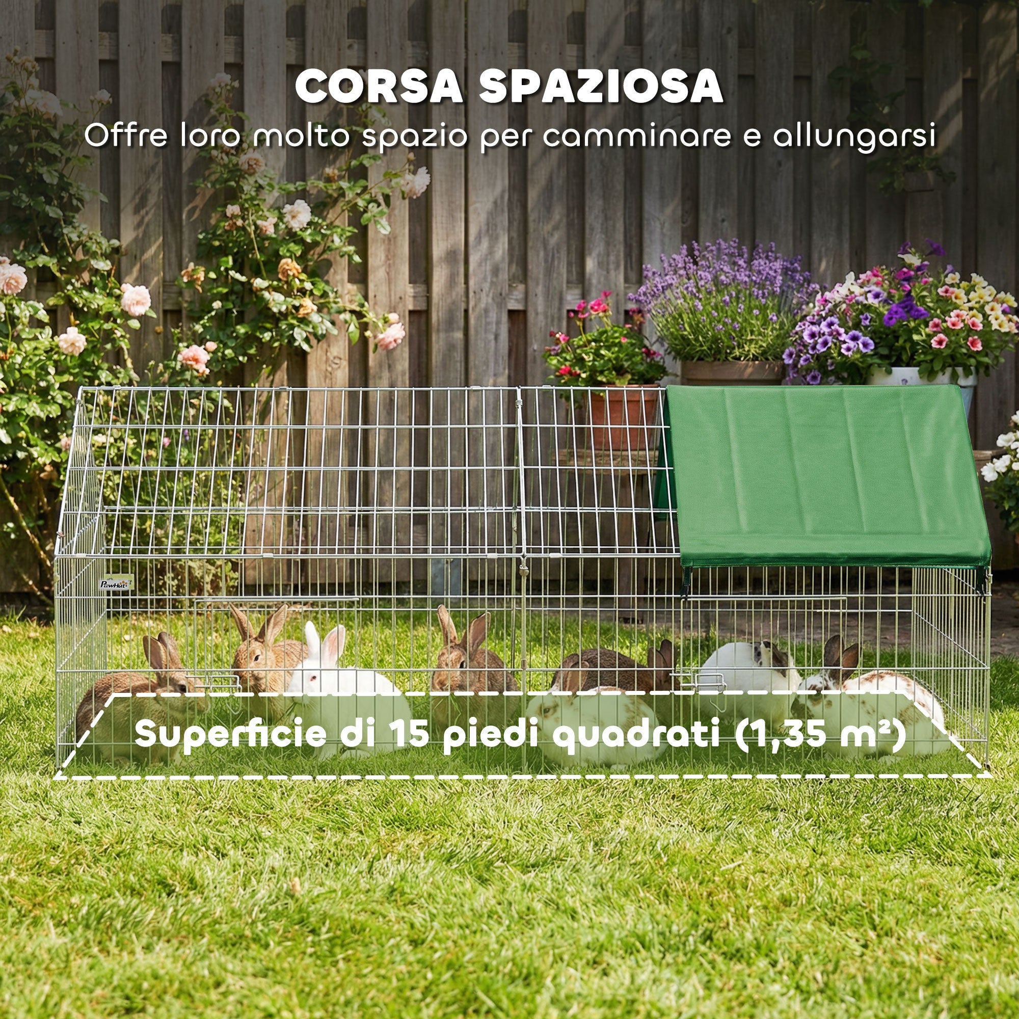 PawHut Outdoor and Indoor Rabbit and Chicken Cage with Sunshade and Metal Grille, for Small Animals, Ducks, Chickens, 180x75x75 cm, Green