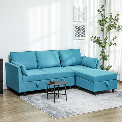 Modern 3 Seater Modular Sectional Sofa with Footrest and Cushions, Flannel Upholstery, Blue