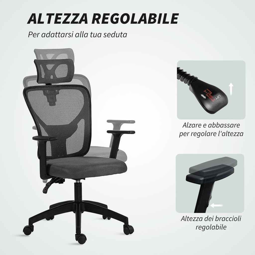 Ergonomic and Adjustable Office Chair with Lumbar Support and Headrest, 66x61x106-116 cm, Grey