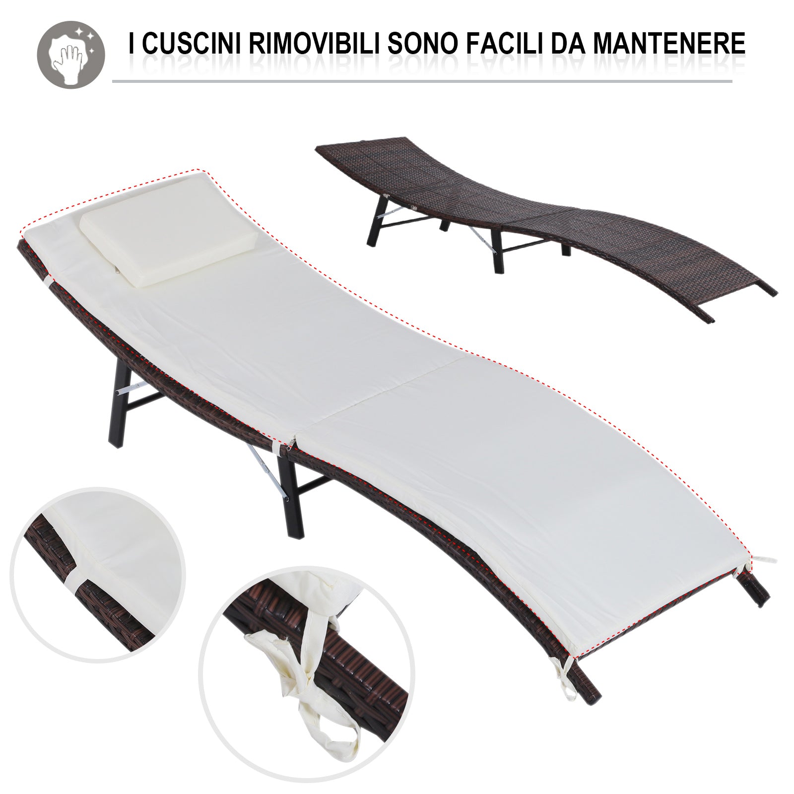 Folding Sun Loungers with Removable Cushions and Folding Table, 3-Piece Rattan Set, Cream