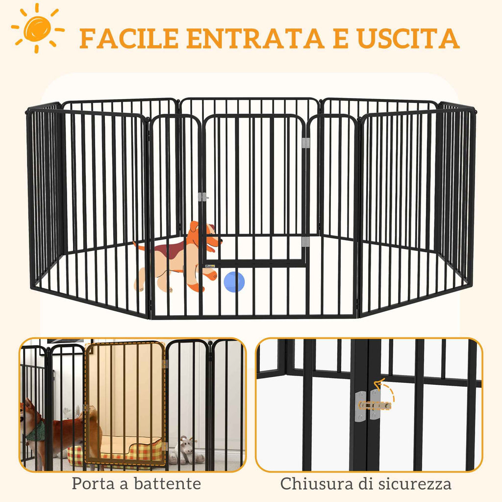 PawHut 8-Panel Modular Indoor/Outdoor Dog Kennel with 9 Pegs, Steel, 164x164x80 cm, Black