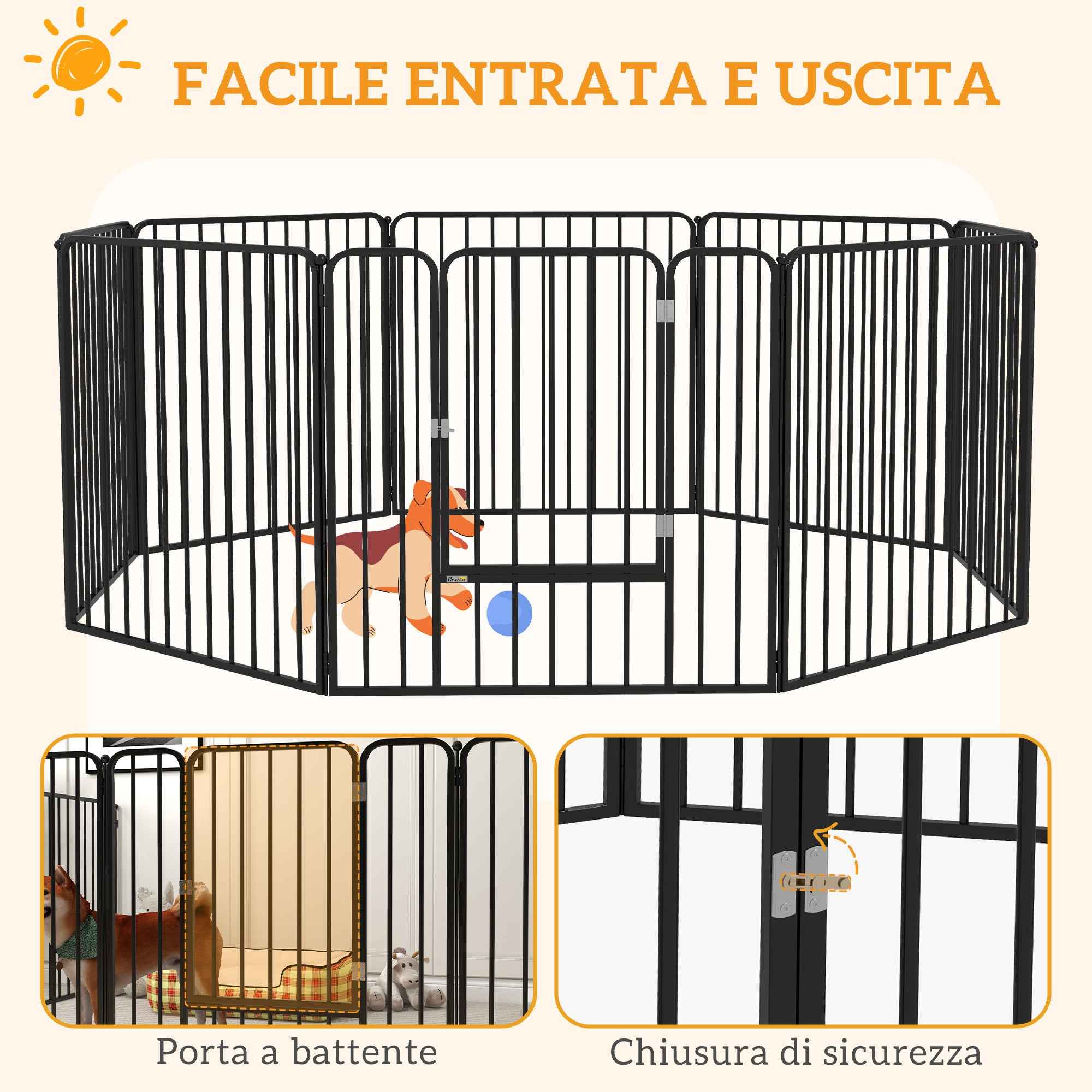 PawHut 8-Panel Modular Indoor/Outdoor Dog Kennel with 9 Pegs, Steel, 164x164x80 cm, Black