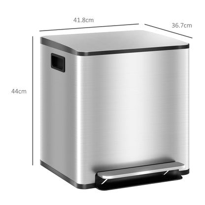 HOMCOM 15L 2-Section Pedal Waste Bin with Silent Lid, in Stainless Steel and PP, 41.8x36.7x44 cm