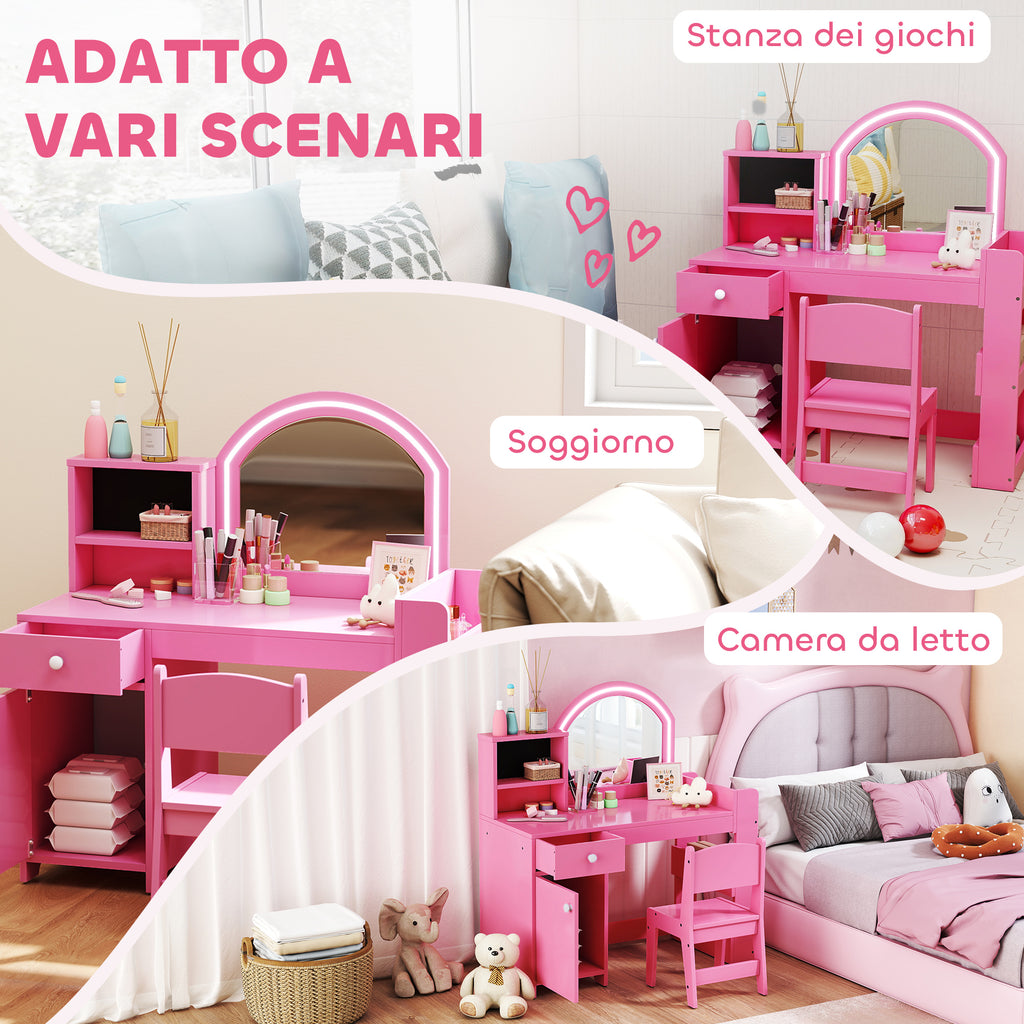 2-in-1 Kids Dressing Table Set with Mirror, Chair, LED Light, Cabinet, Shelves and Bookcase, Pink