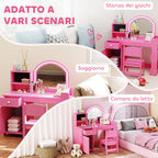 2-in-1 Kids Dressing Table Set with Mirror, Chair, LED Light, Cabinet, Shelves and Bookcase, Pink