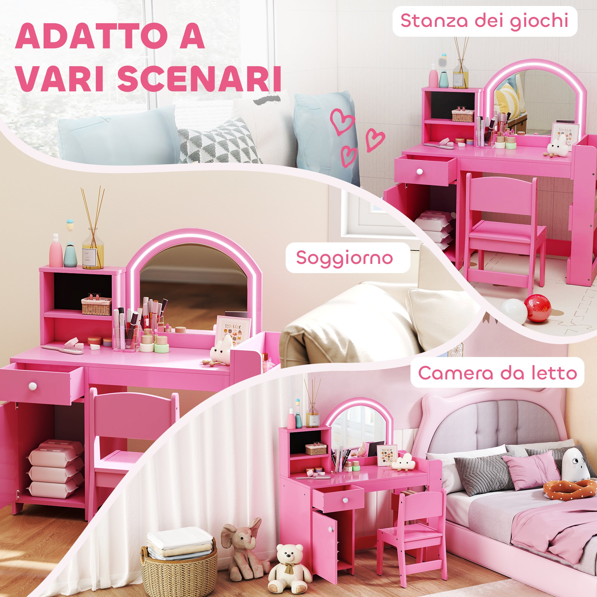 2-in-1 Kids Dressing Table Set with Mirror, Chair, LED Light, Cabinet, Shelves and Bookcase, Pink
