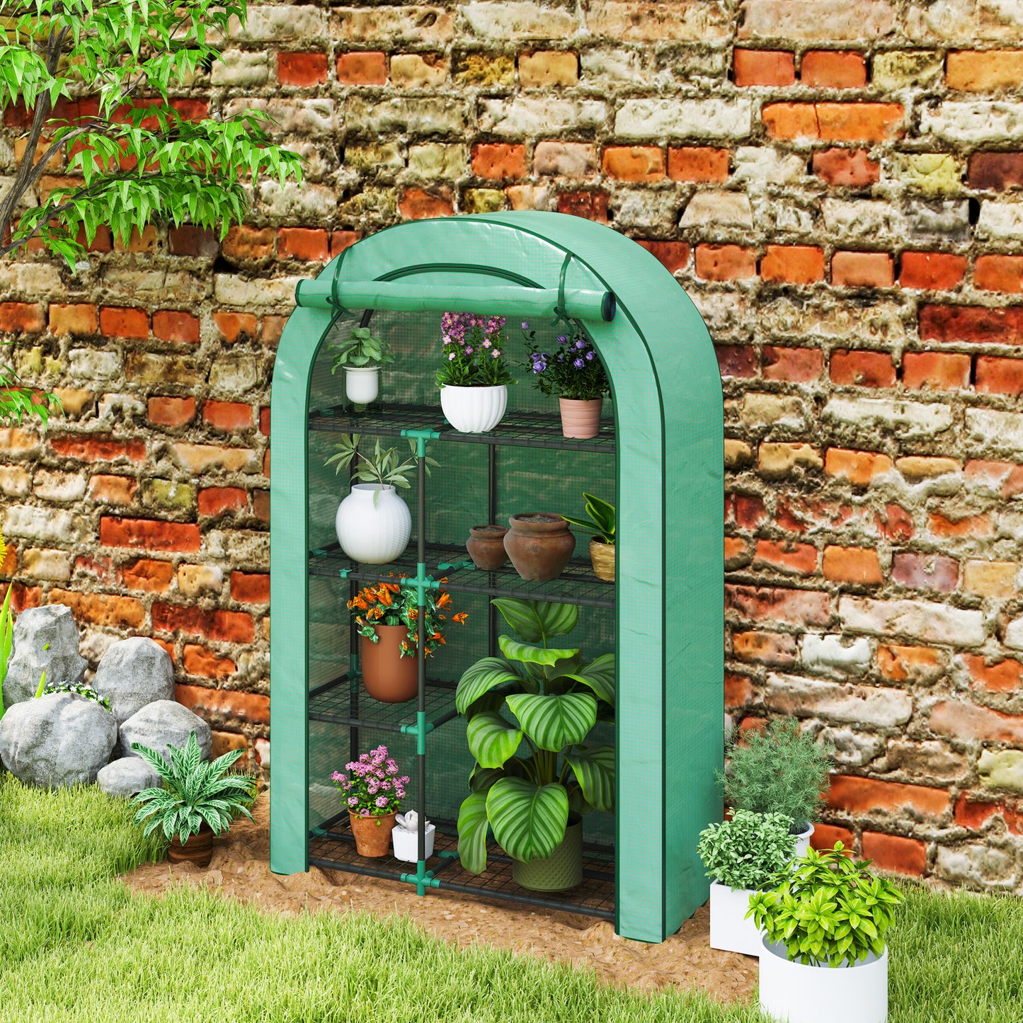 4-Tier Wall Greenhouse with Hinged Door, Steel and PE, 100x45x160 cm, Green