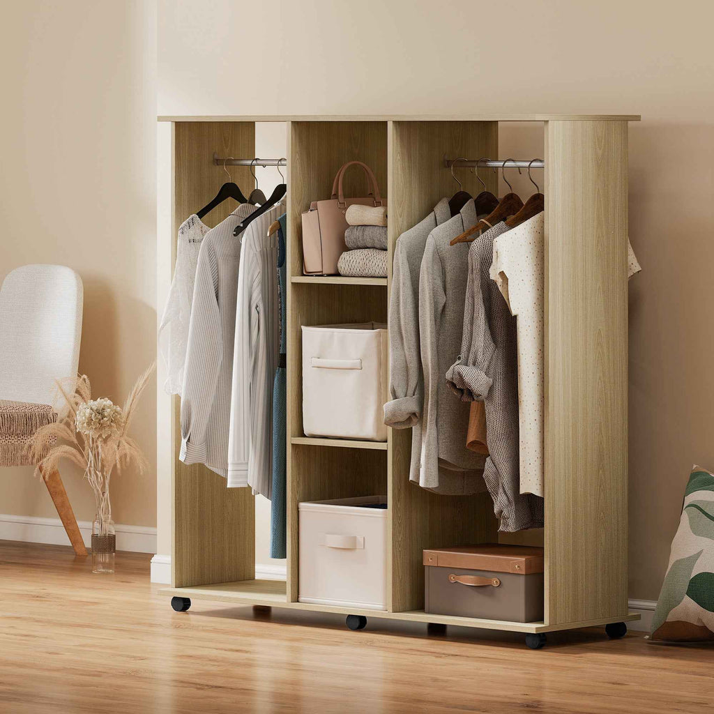 HOMCOM Wardrobe with Wheels, 2 Rods, and 3 Open Shelves, Made of Wood and Aluminum, 120x40x128 cm, Wood Color