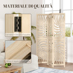 3-Panel Folding and Separable Wooden Room Divider, Leaf Design, 120x170 cm, Wood Color