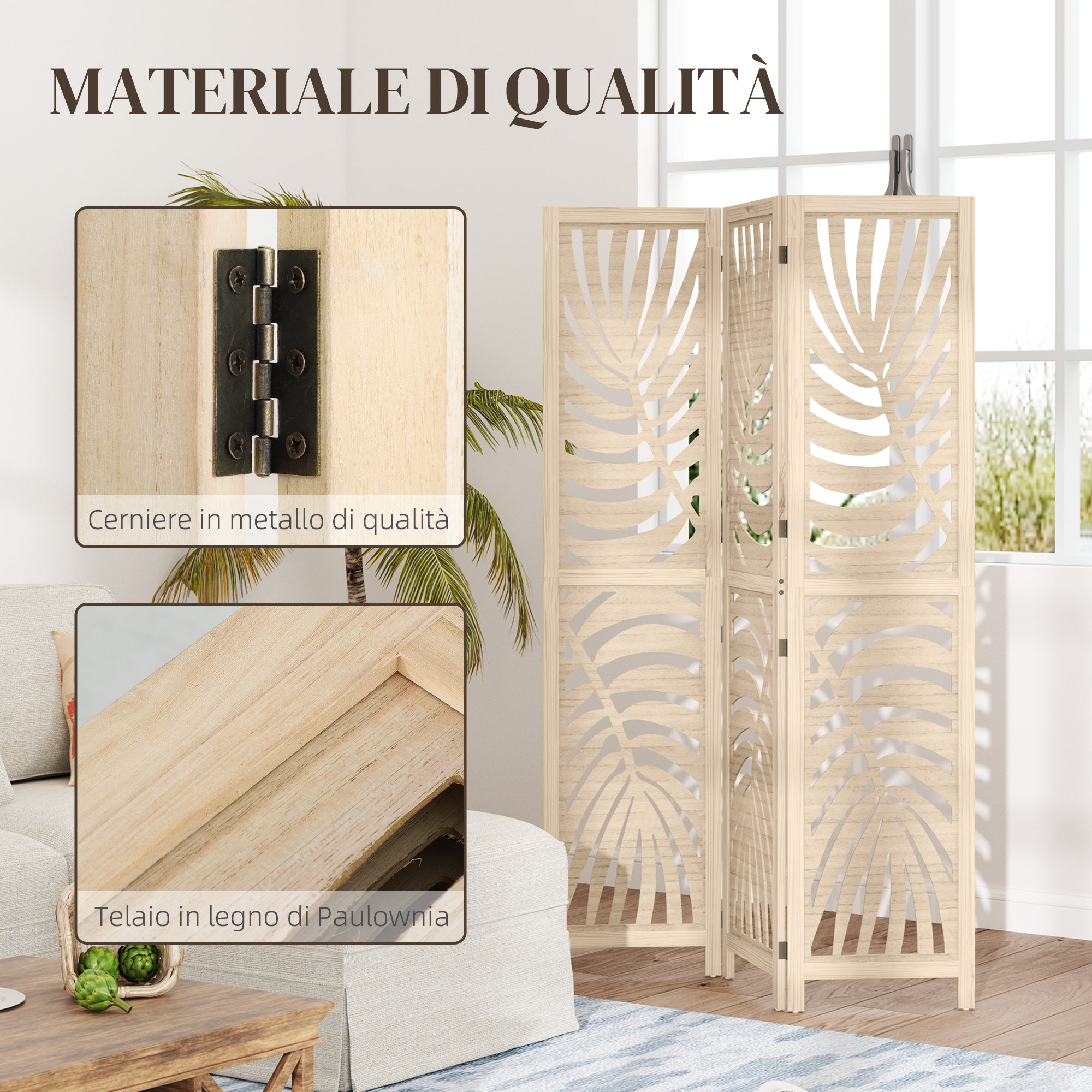 3-Panel Folding and Separable Wooden Room Divider, Leaf Design, 120x170 cm, Wood Color