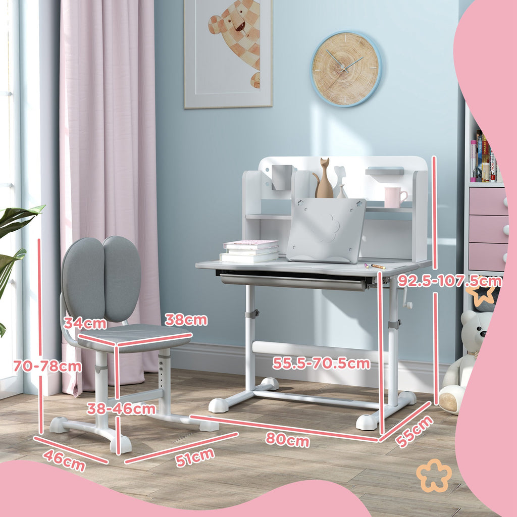 Adjustable Children's Desk and Chair Set, School Desk with Tiltable Top, Drawer, Shelf, Grey