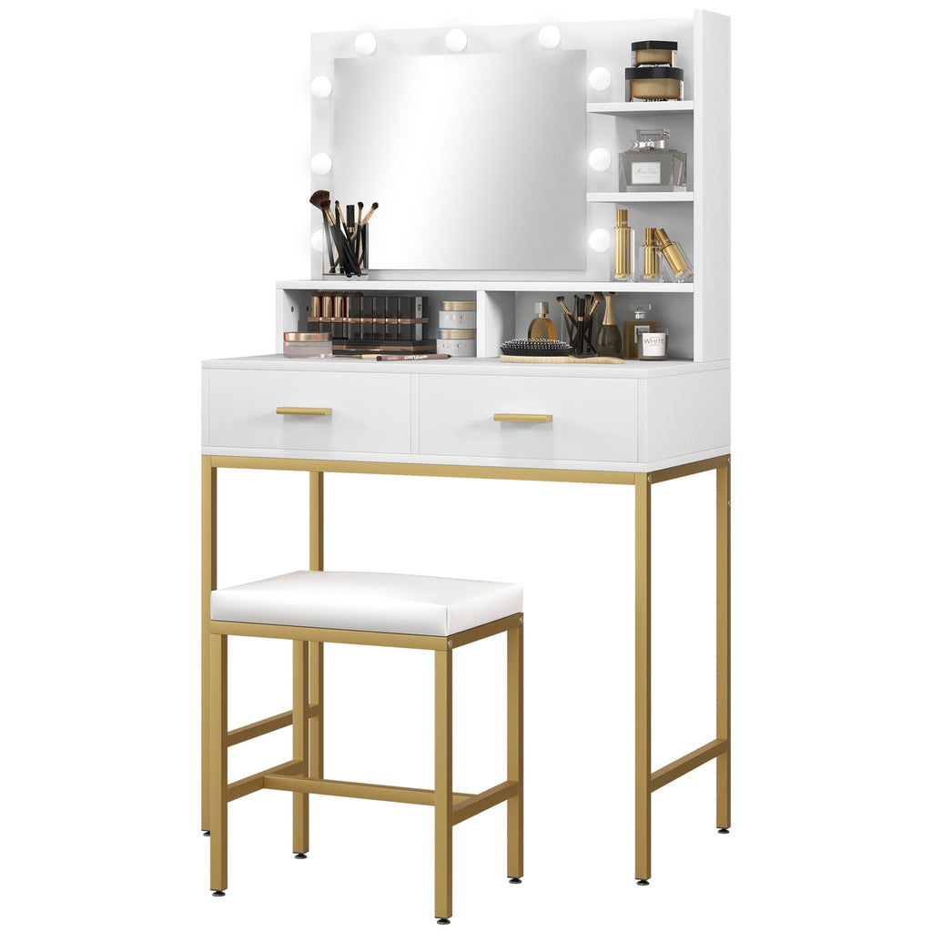 Vanity Makeup Table with Mirror, 2 Drawers, 5 Shelves and Stool, in MDF and Chipboard, 80x40x138 cm, White - Borgè
