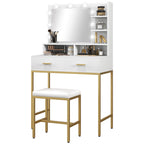 Vanity Makeup Table with Mirror, 2 Drawers, 5 Shelves and Stool, in MDF and Chipboard, 80x40x138 cm, White - Borgè