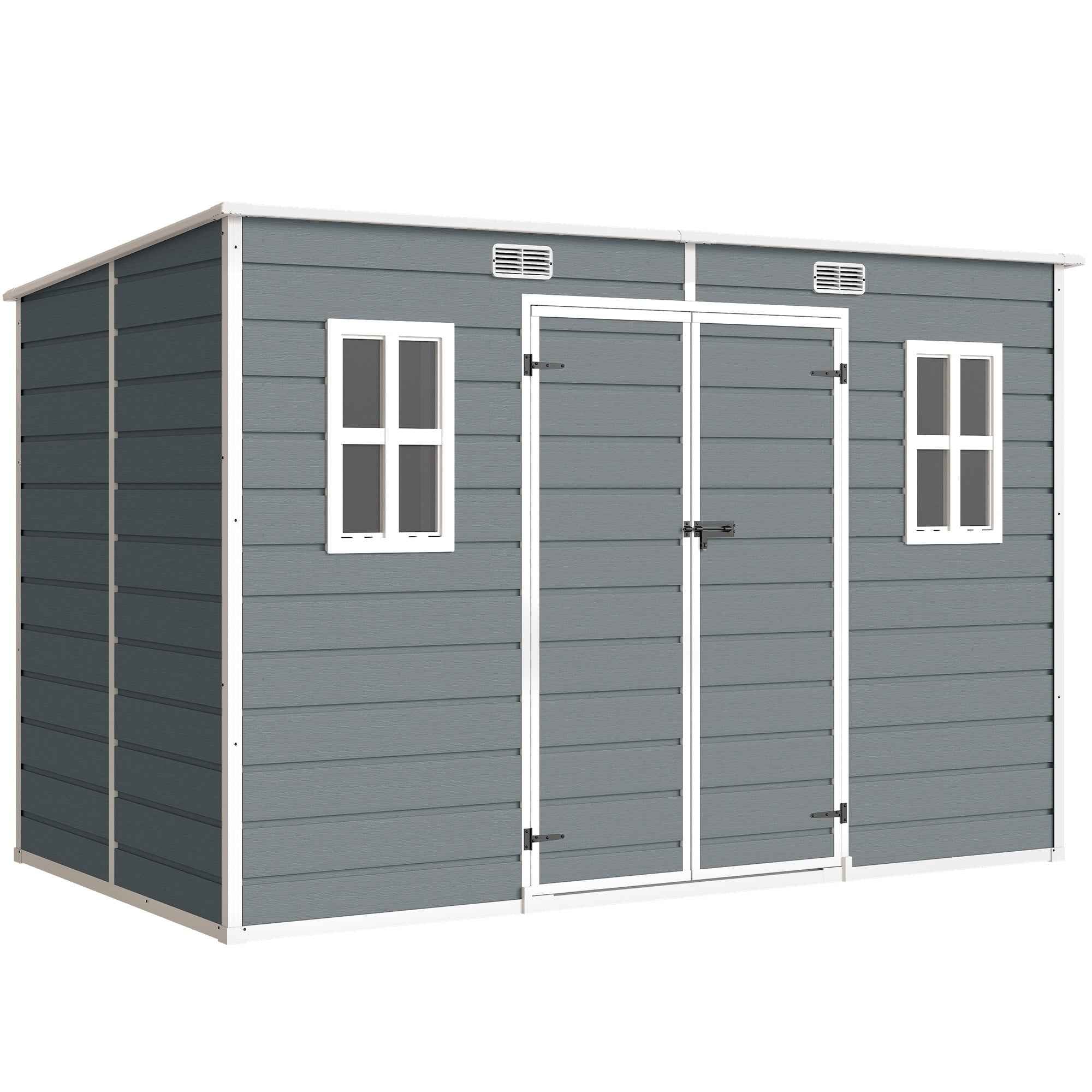 Outsunny 2-Door Tool Shed with Windows and Air Vents, Made of PP and Aluminum, 303x183x184 cm, Gray
