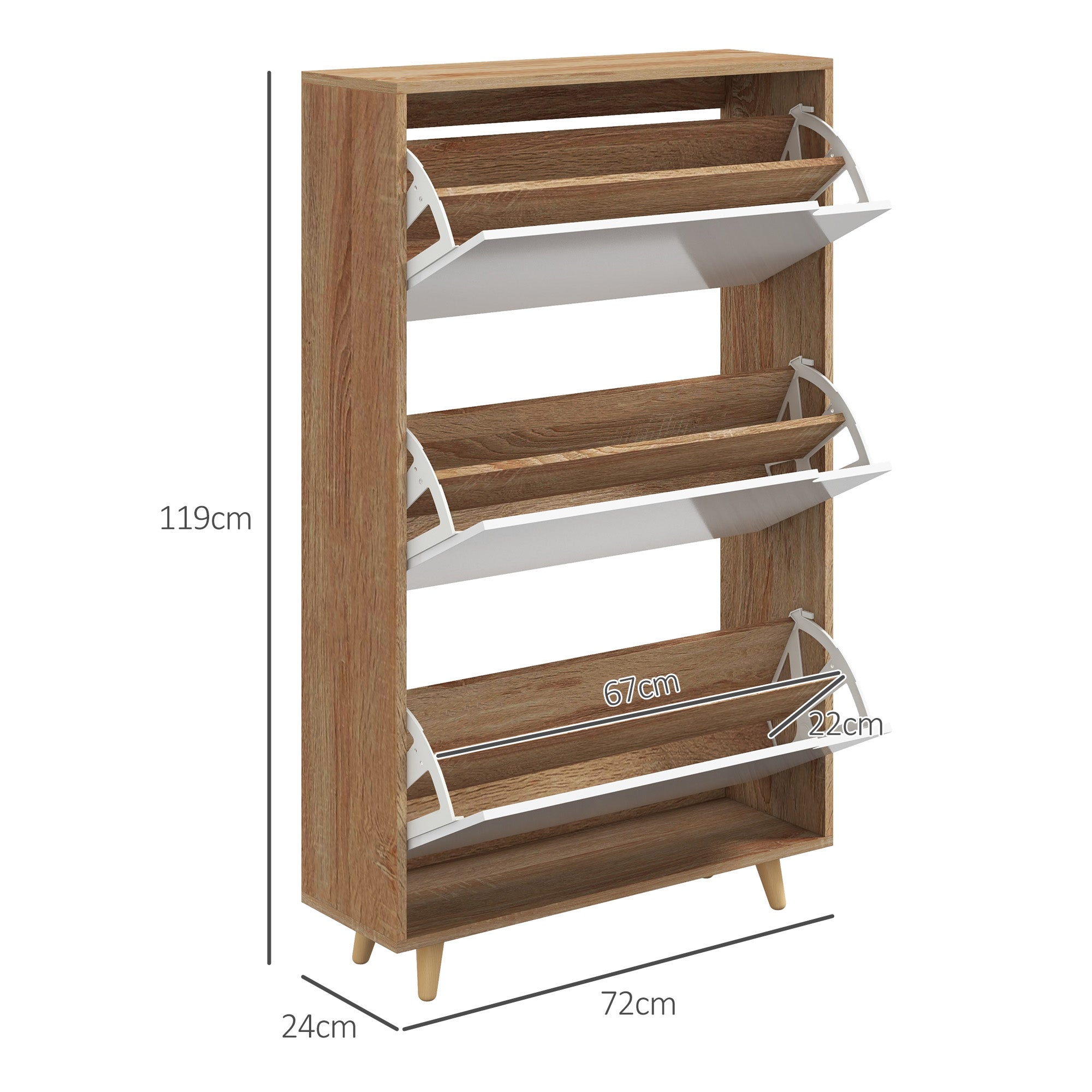 HOMCOM Space-saving 3-drawer shoe rack with adjustable shelf for 18-24 pairs of shoes, 72x24x119cm, White - Borgè