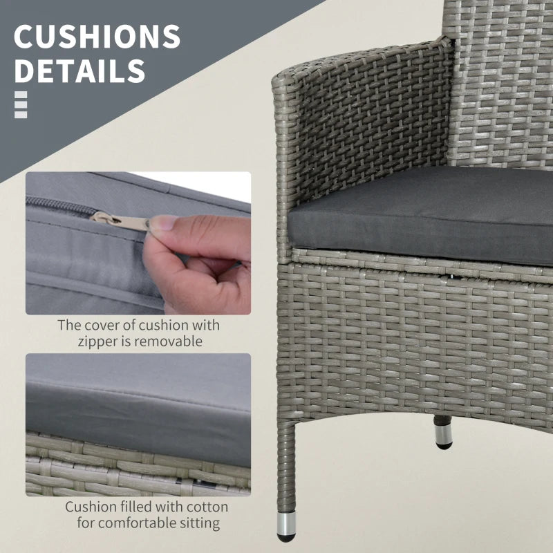 3-Piece Outdoor Garden Set in PE Rattan and Steel, Set of 2 Chairs with Washable Cushions, Armrests, Coffee Table with Glass Top, Garden Lounge for Balcony Patio Backyard, Grey - Borge' Group Limited